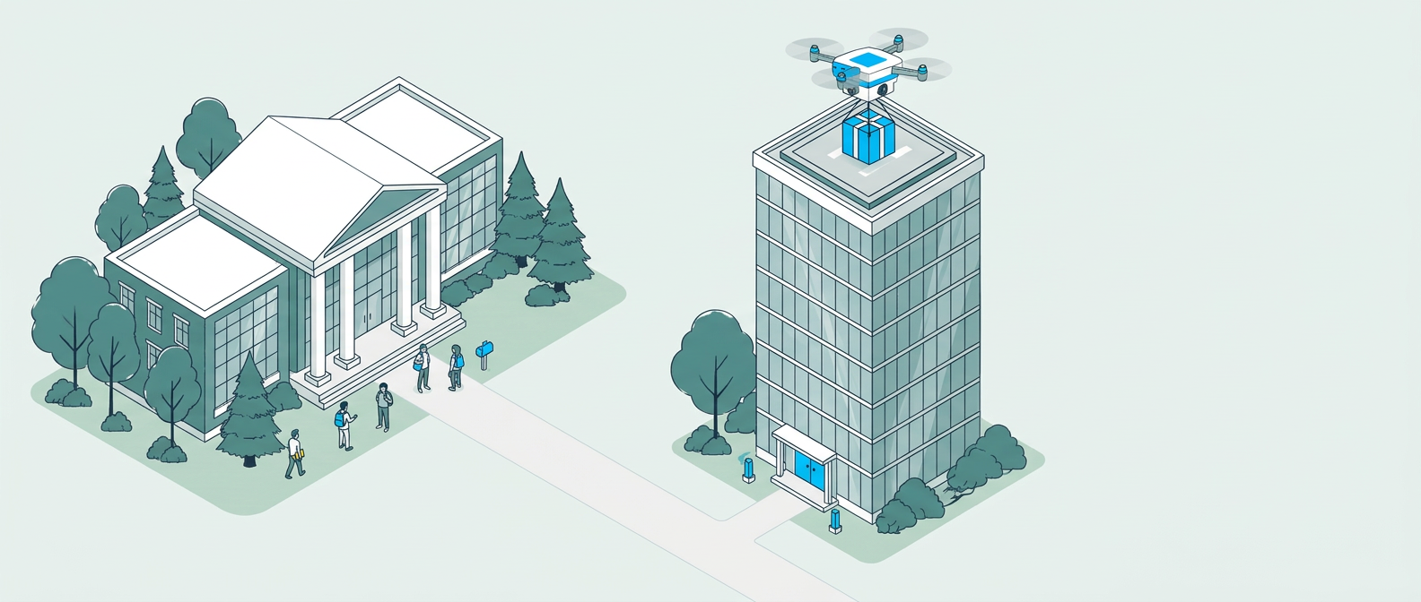 Todus drone delivering to a corporate tower next to a university